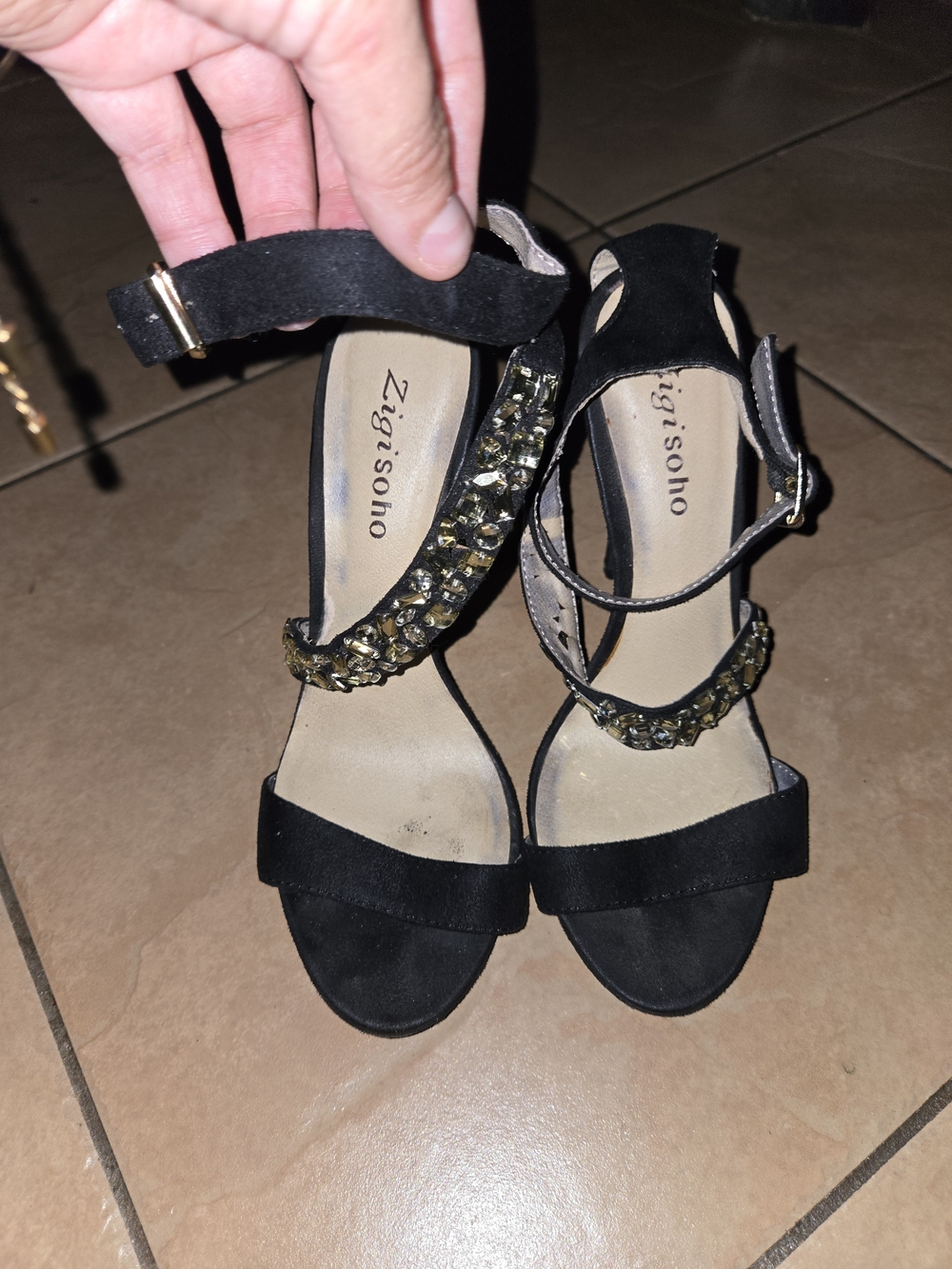 Zigi Soho Black Suede T-Strap Heeled Sandals with Gold Crystal Trim